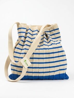 Turtle Pleated Knit Striped Tote Bag — Blue & Beige NWT